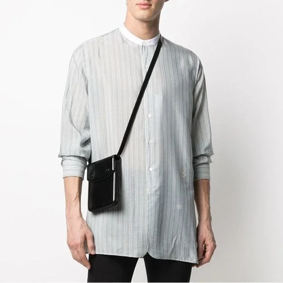 Maison Margiela Blue Pinstriped Band Collar Men’s Long Sleeve Button Up Shirt - Picture 1 of 11